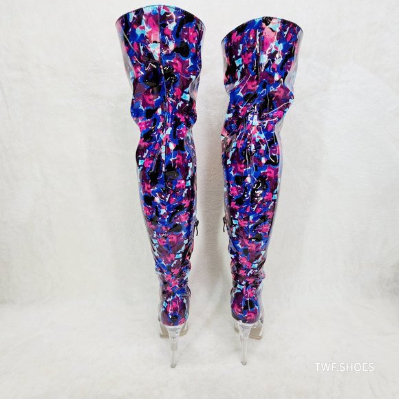 Bulls Cobalt Multi Color Print Patent OTK Clear Platform High Heel Thigh Boots - Picture 5 of 13